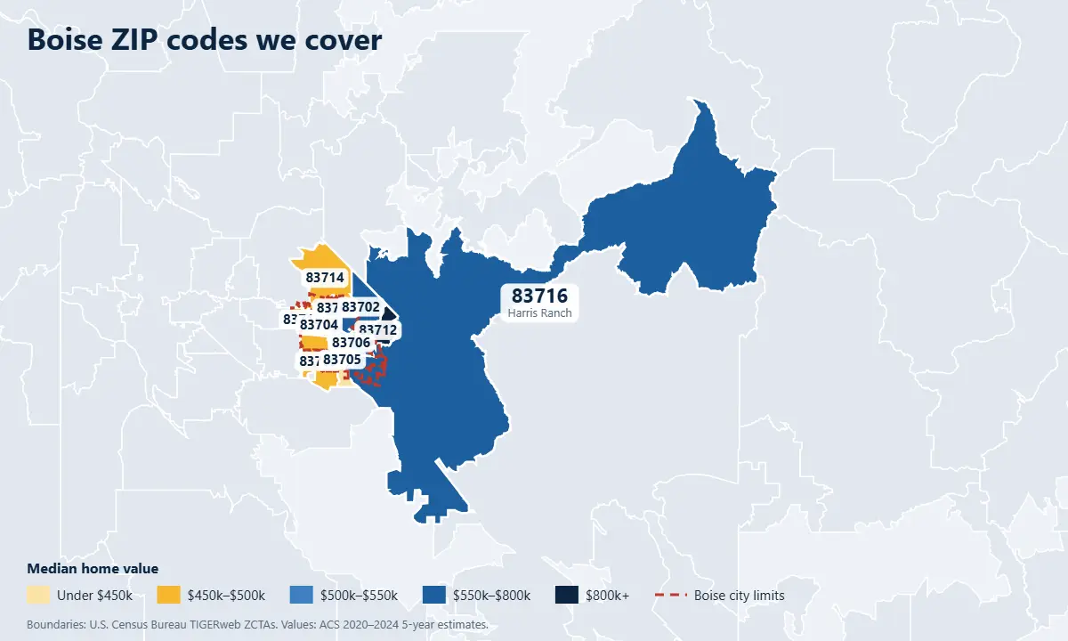 Boise real estate listing platform map of ZIP codes by median home value