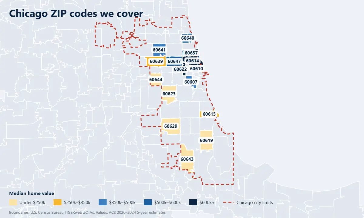 Chicago real estate listing platform map of ZIP codes by median home value