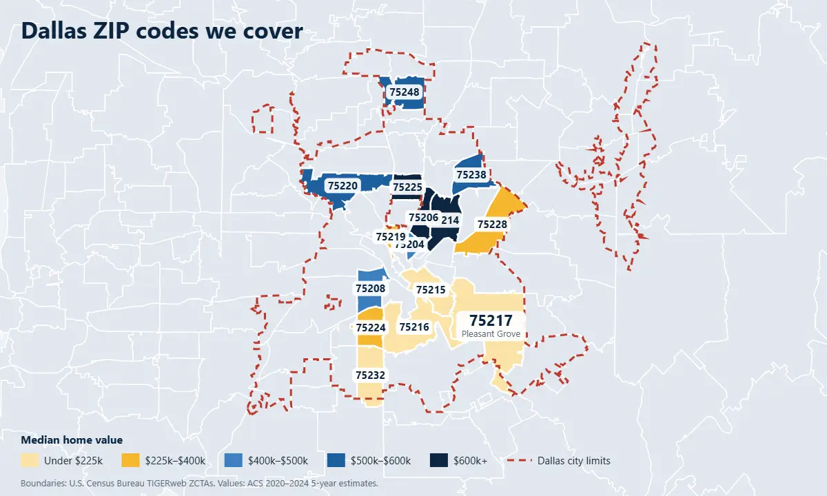 Dallas real estate listing platform map of ZIP codes by median home value