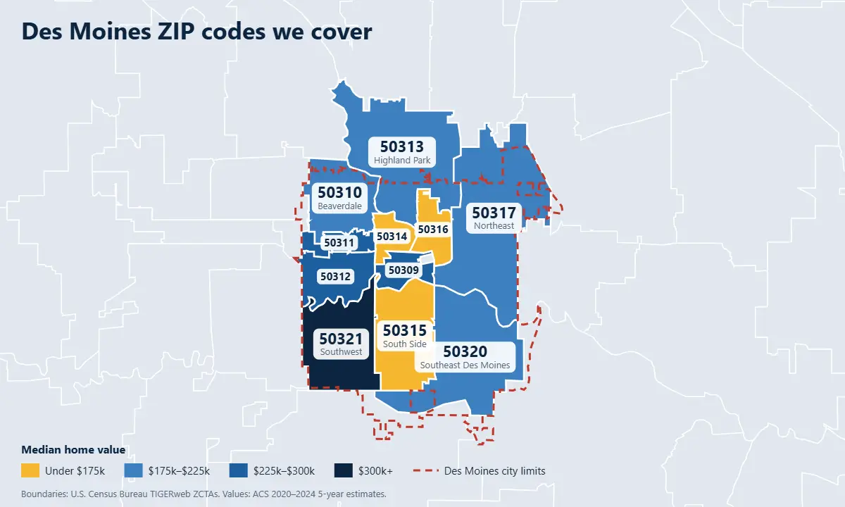 Des Moines real estate listing platform map of ZIP codes by median home value