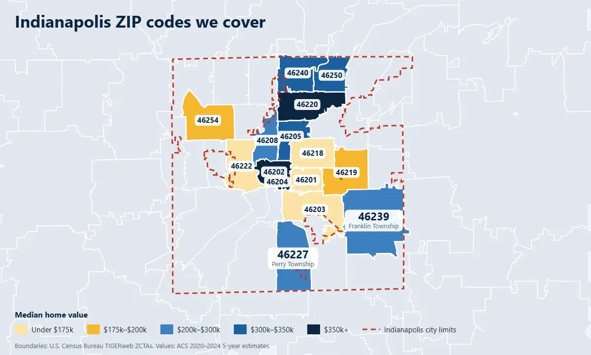 Indianapolis real estate listing platform map of ZIP codes by median home value