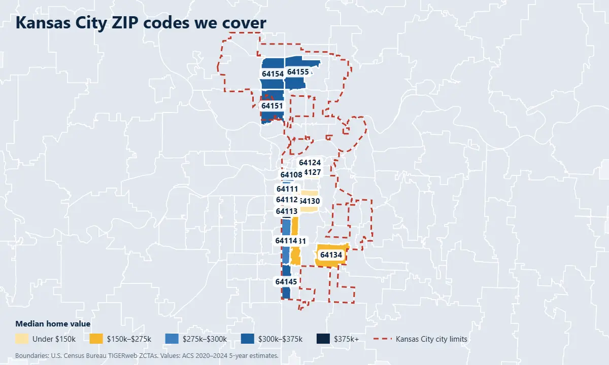 Kansas City real estate listing platform map of ZIP codes by median home value