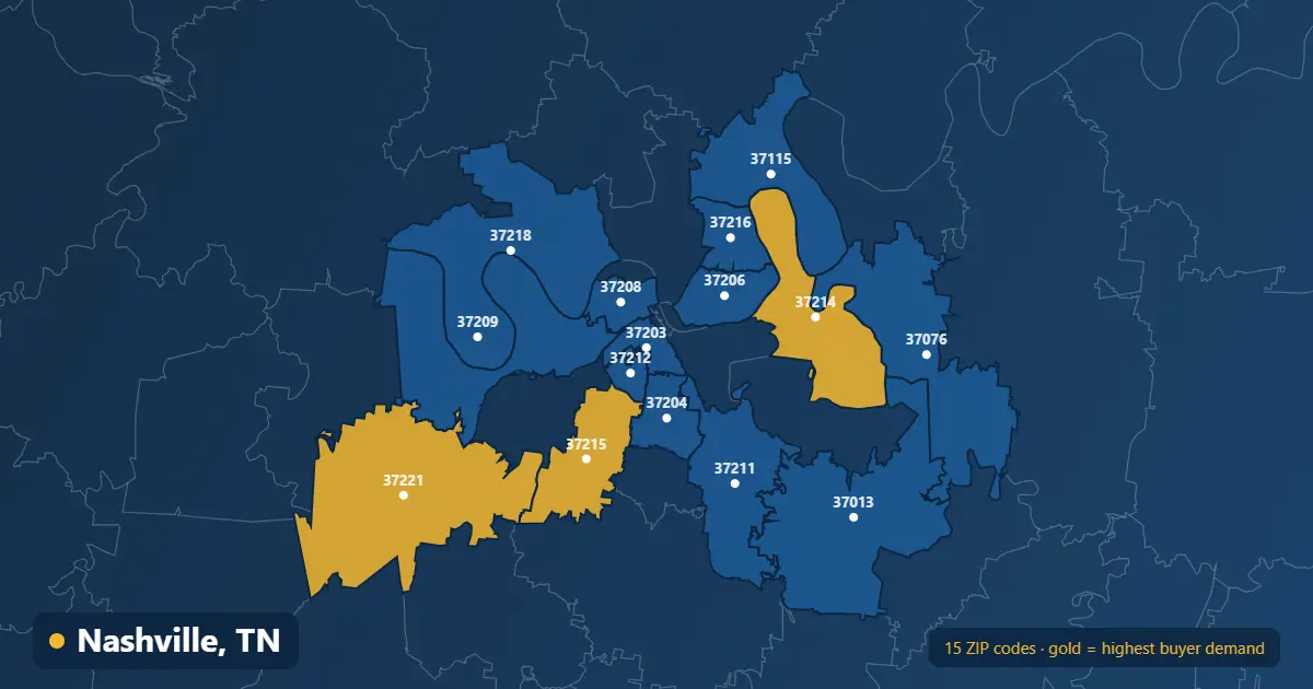 Map of Nashville ZIP codes covered by our real estate listing platform