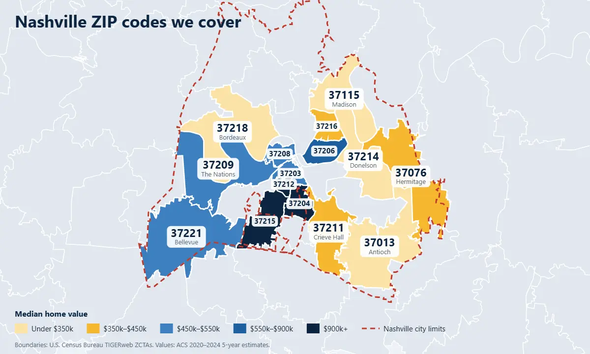Nashville real estate listing platform map of ZIP codes by median home value