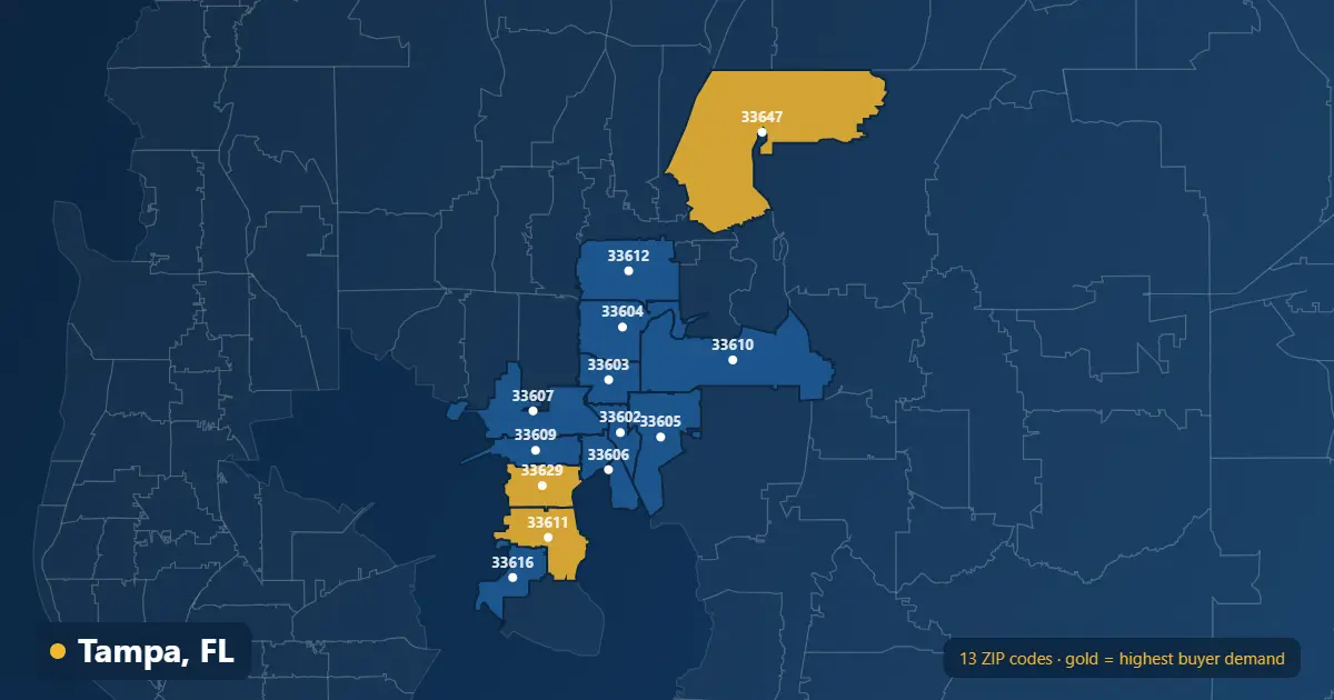 Map of Tampa ZIP codes covered by our real estate listing platform