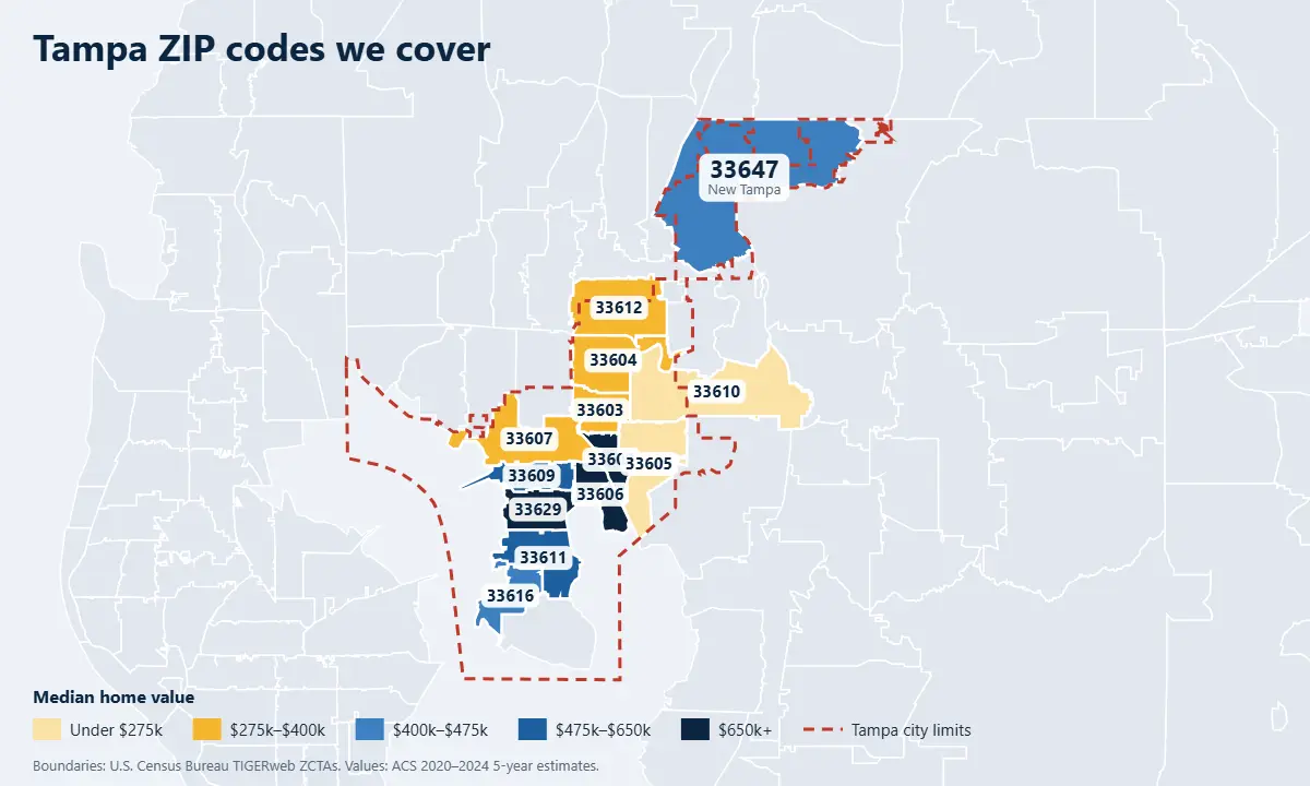 Tampa real estate listing platform map of ZIP codes by median home value