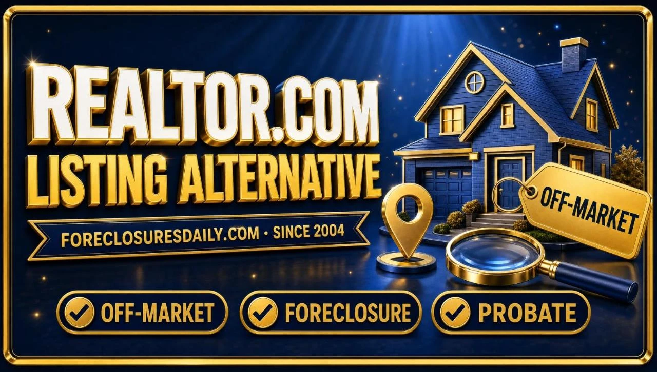 Realtor.com listing alternative 3D hero: house with off-market tag, map pin and magnifying glass with off-market, foreclosure and probate checks