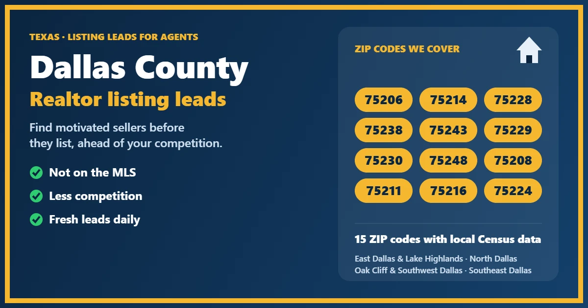 Realtor leads Dallas: ZIP codes covered for agent listing leads in Dallas County, Texas