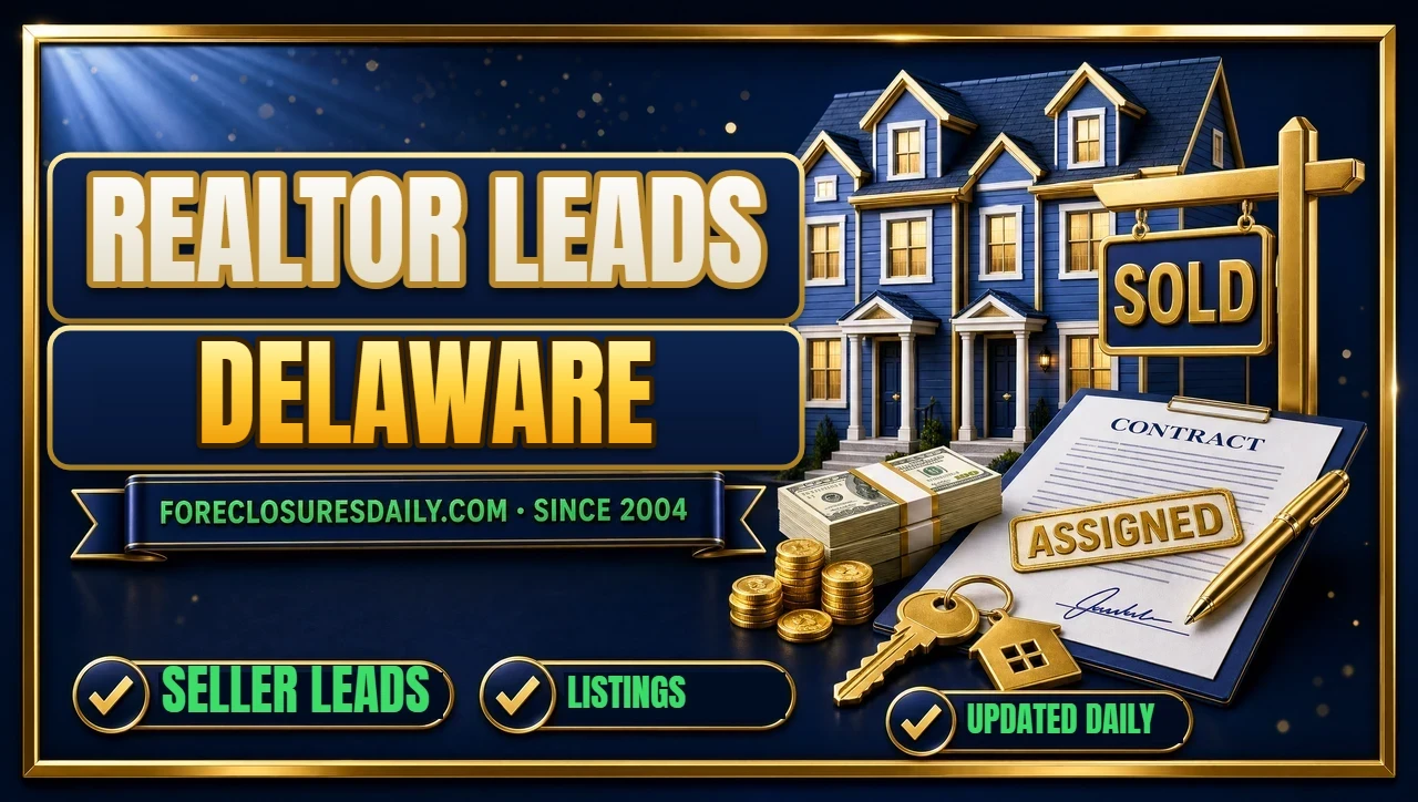 Realtor leads Delaware 3D hero: house with gold SOLD sign, contract, keys and cash with seller leads, listings and updated daily checks