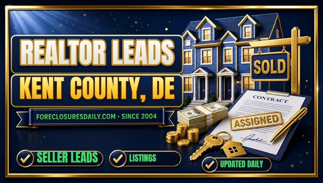 Realtor leads Kent County, DE 3D hero: house with gold SOLD sign, contract, keys and cash with seller leads, listings and updated daily checks