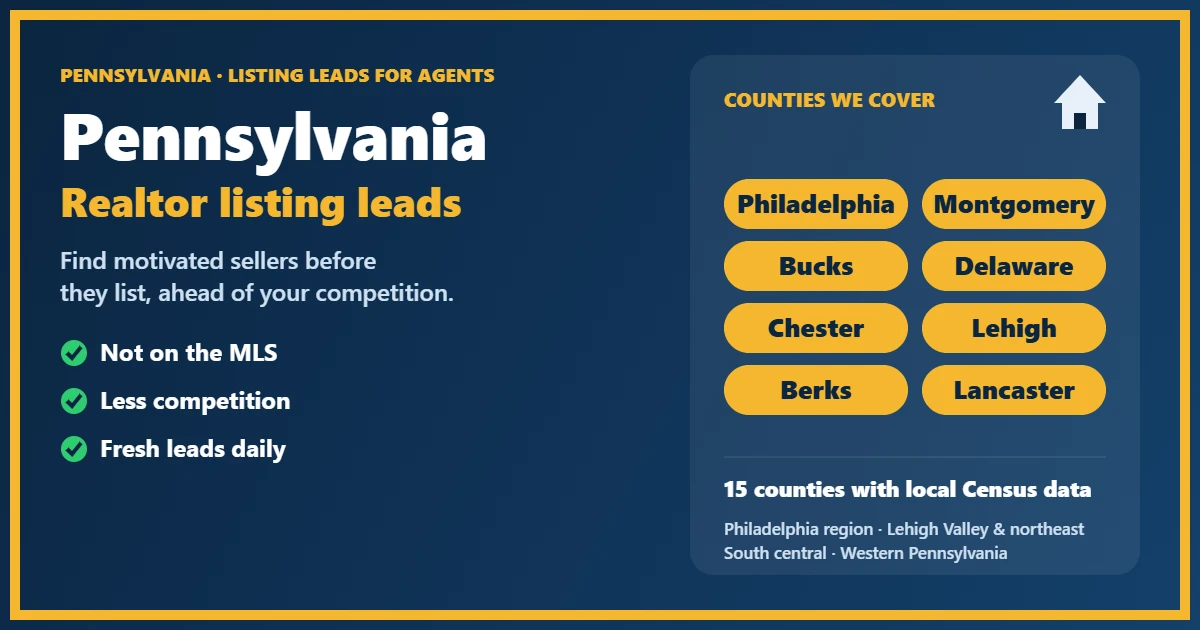 Realtor Listings Pennsylvania: 15 counties covered by our seller leads for agents