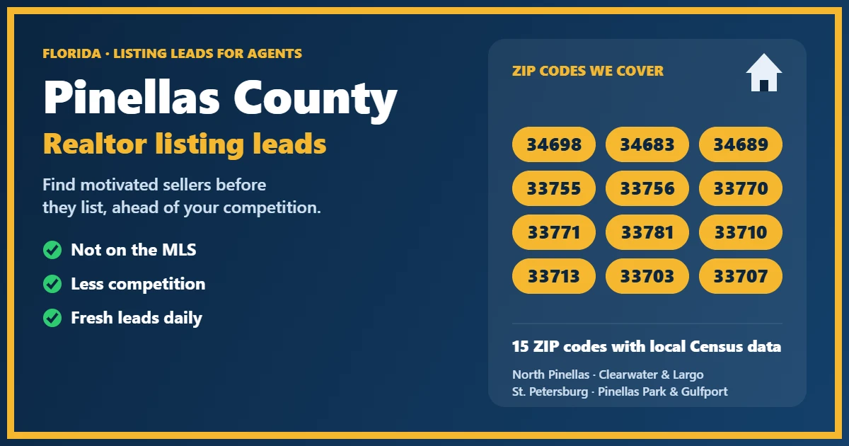 Realtor Leads Pinellas County FL: ZIP codes covered from Tarpon Springs to Gulfport