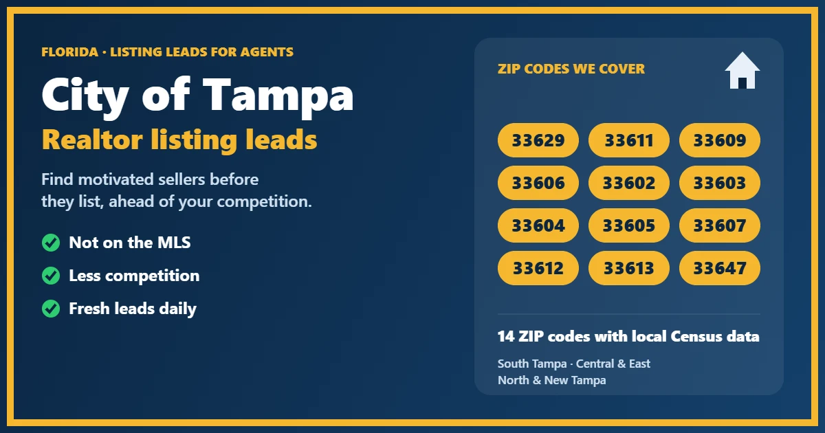 Realtor listing leads Tampa map of city ZIP codes we cover