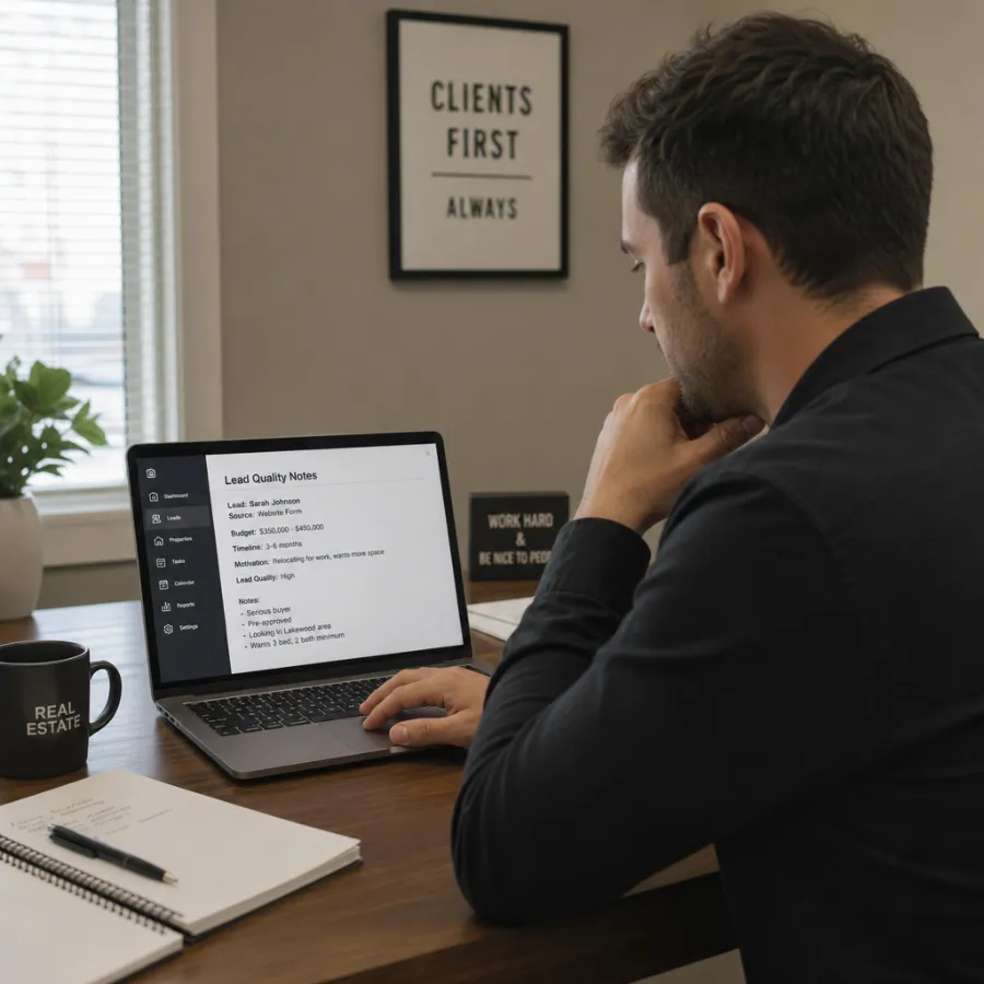 real estate agent reviewing lead quality notes on a laptop