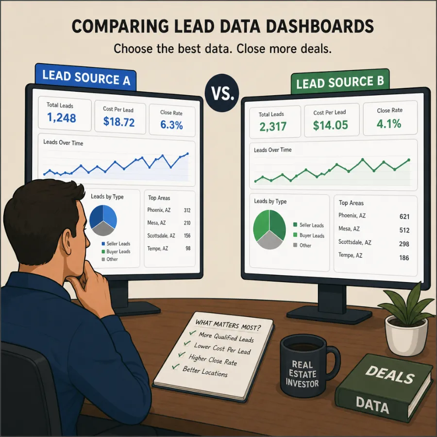 AI-generated illustration of a real estate investor comparing lead data dashboards
