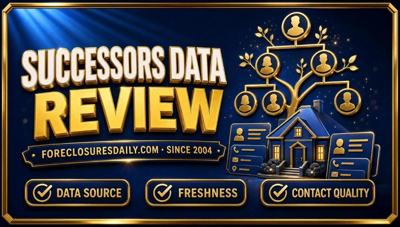Successors Data review 3D hero: gold family tree linked to a house and contact cards with data source, freshness and contact quality checks