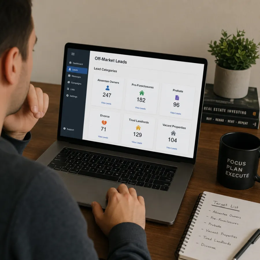 Investor reviewing off-market property lead categories on a laptop
