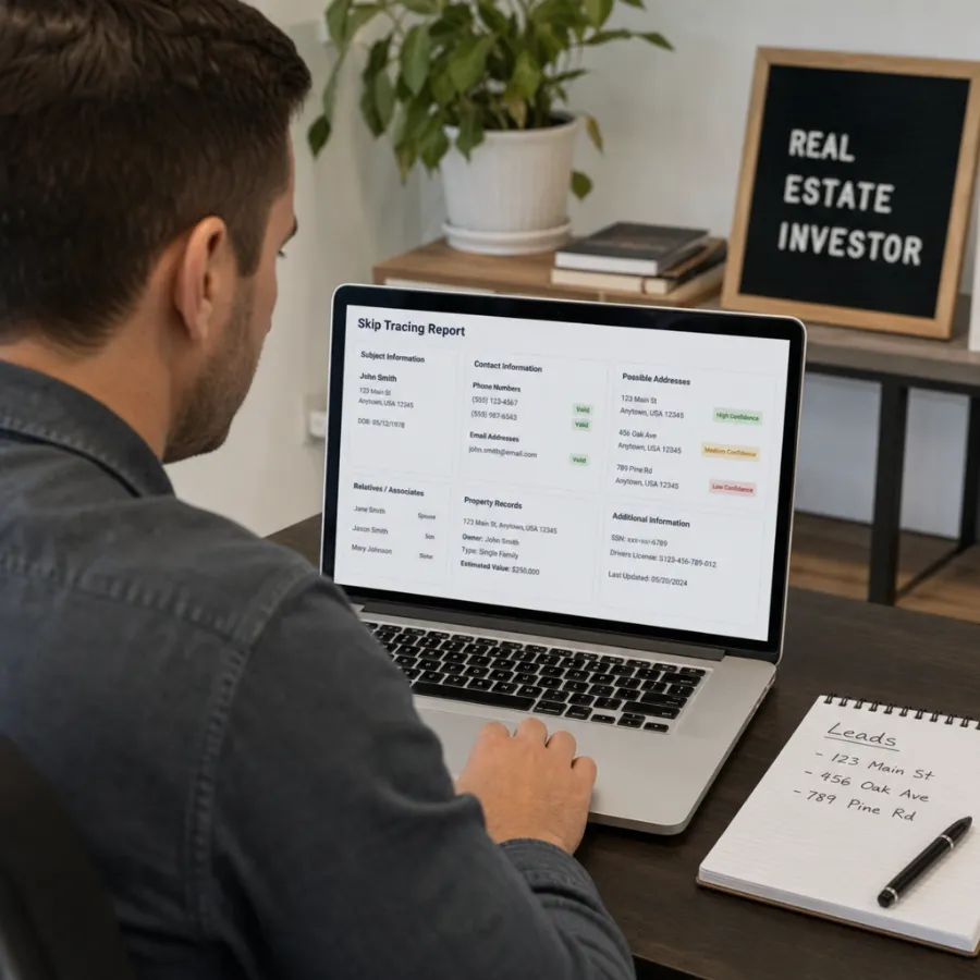 real estate investor reviewing skip tracing data on a laptop