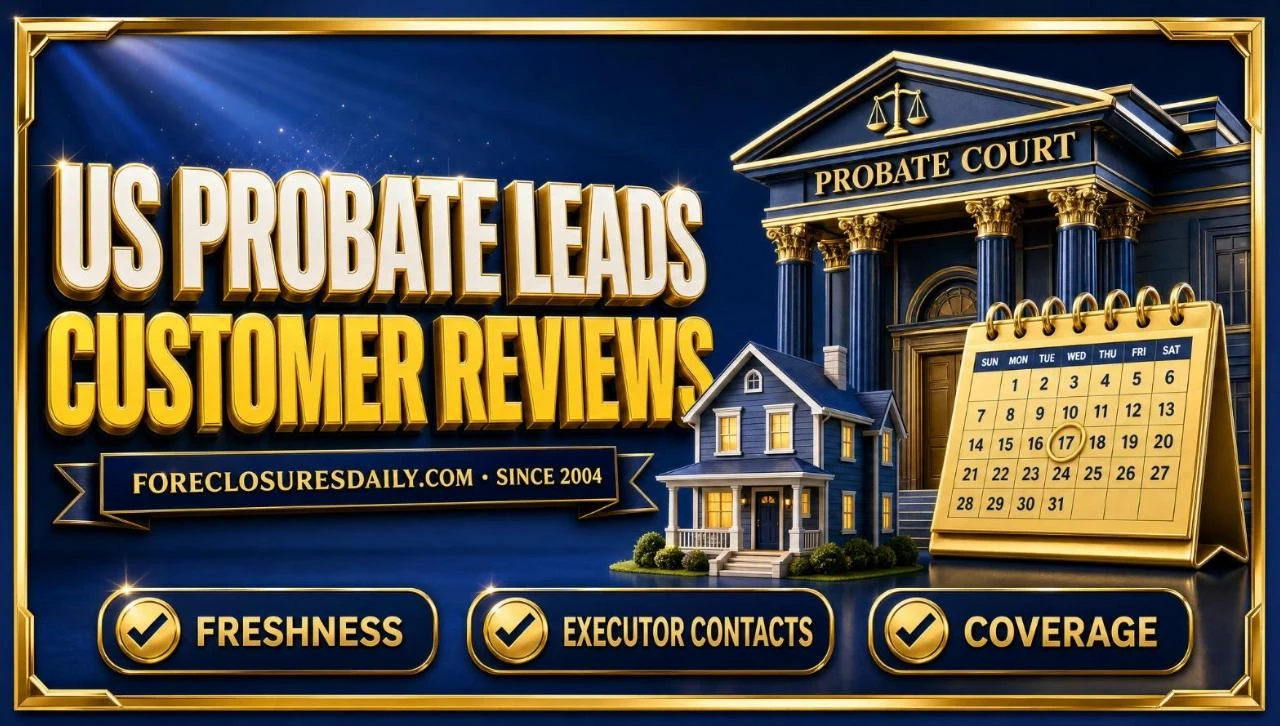US Probate Leads customer reviews 3D hero: probate court building, calendar and house with freshness, executor contacts and coverage checks