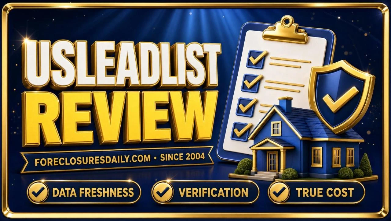 USLeadList review 3D hero: verified checklist clipboard and gold shield beside a house, checks for data freshness, verification and true cost