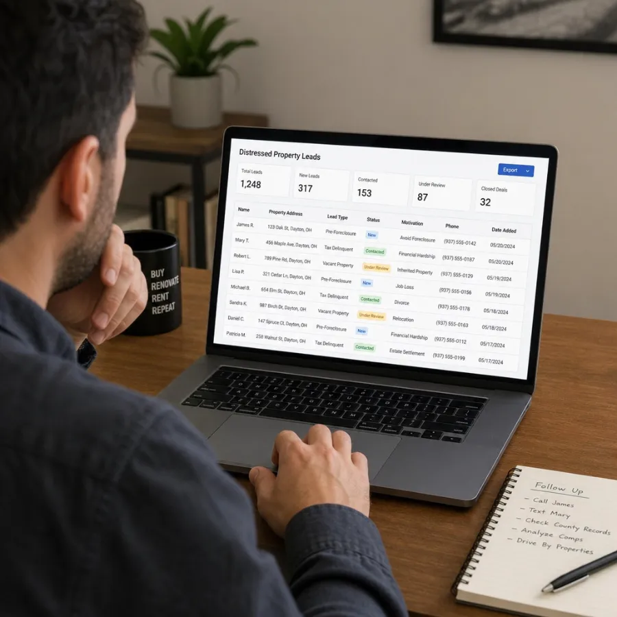 Investor reviewing distressed property lead data on a laptop
