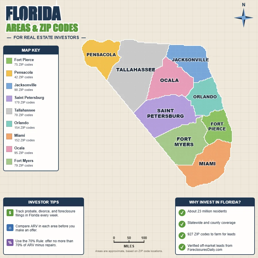 Florida wholesale real estate map by area and ZIP code