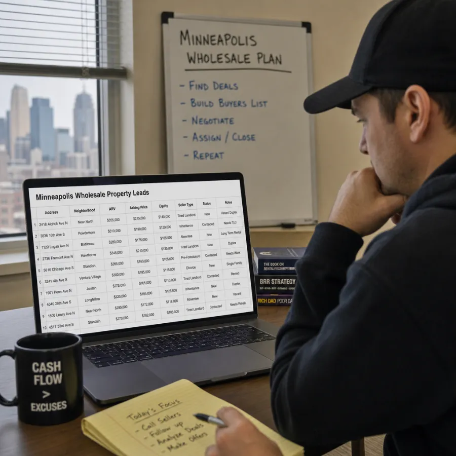 Investor reviewing Minneapolis wholesale property leads