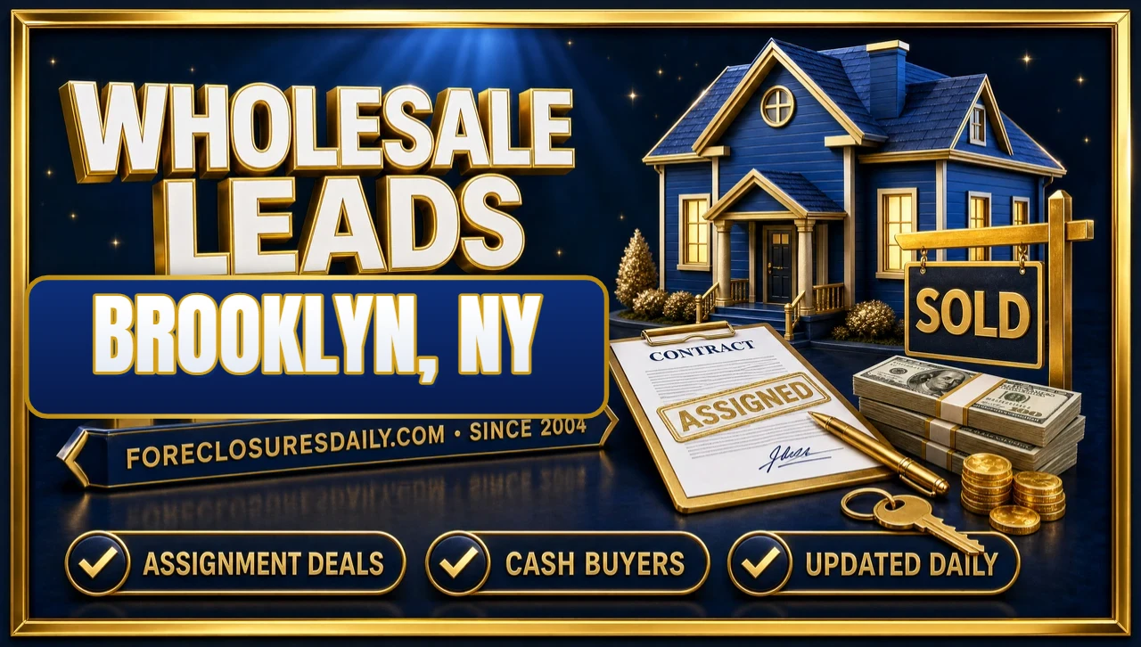 Wholesale leads Brooklyn, NY 3D hero: blue house with an assigned contract, SOLD sign, cash and keys with assignment deals, cash buyers and updated daily badges