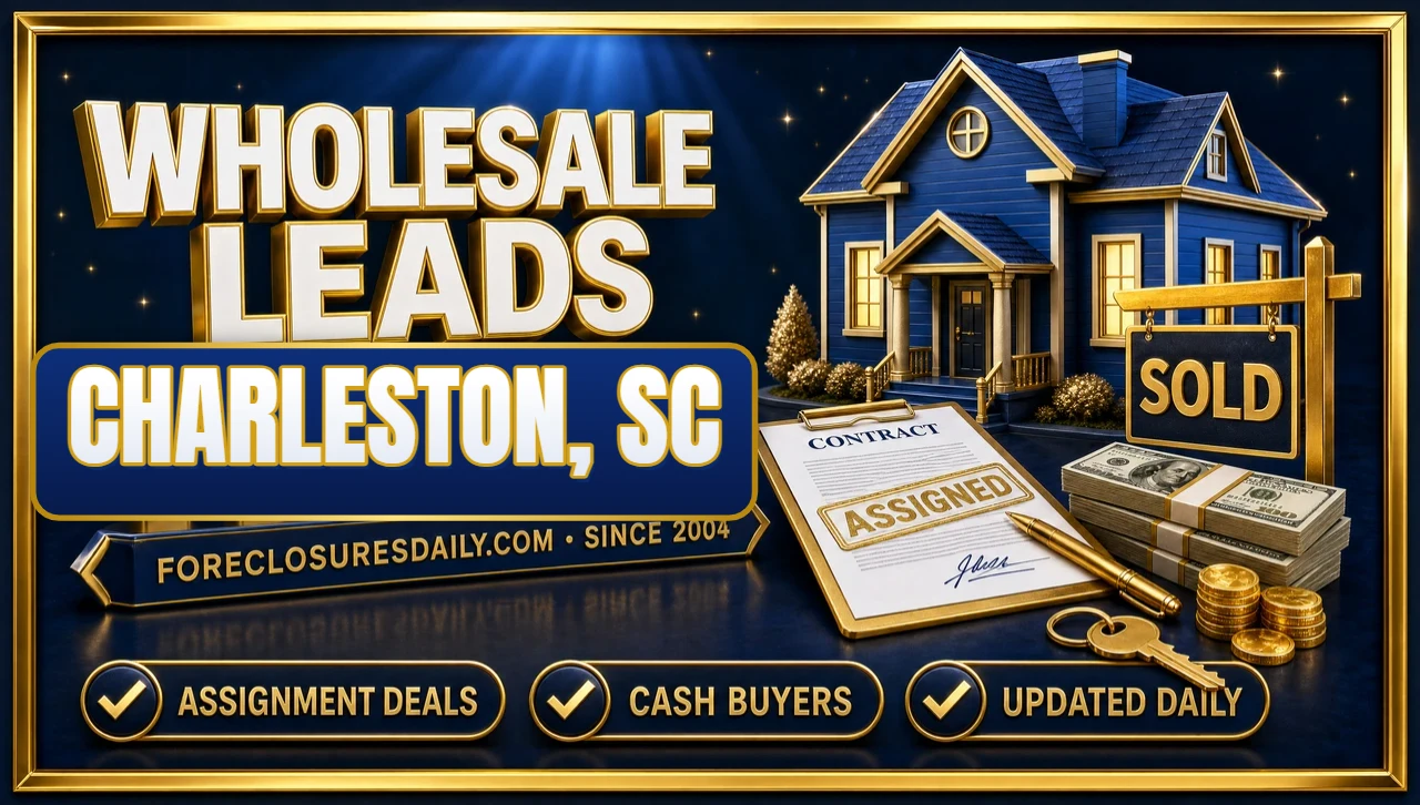 Wholesale leads Charleston, SC 3D hero: blue house with an assigned contract, SOLD sign, cash and keys with assignment deals, cash buyers and updated daily badges