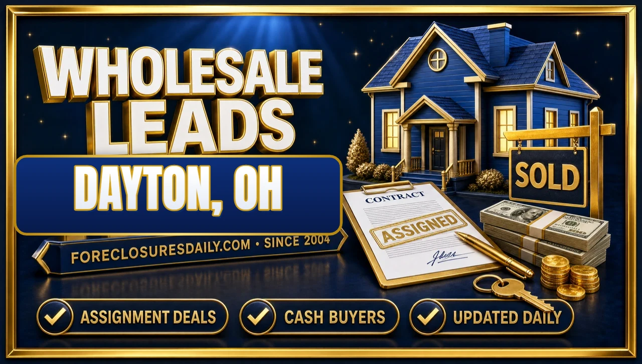 Wholesale leads Dayton, OH 3D hero: blue house with an assigned contract, SOLD sign, cash and keys with assignment deals, cash buyers and updated daily badges