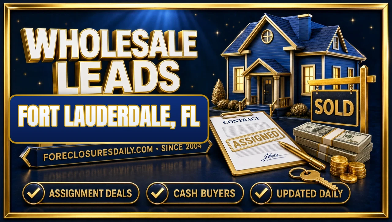 Wholesale leads Fort Lauderdale, FL 3D hero: blue house with an assigned contract, SOLD sign, cash and keys with assignment deals, cash buyers and updated daily badges