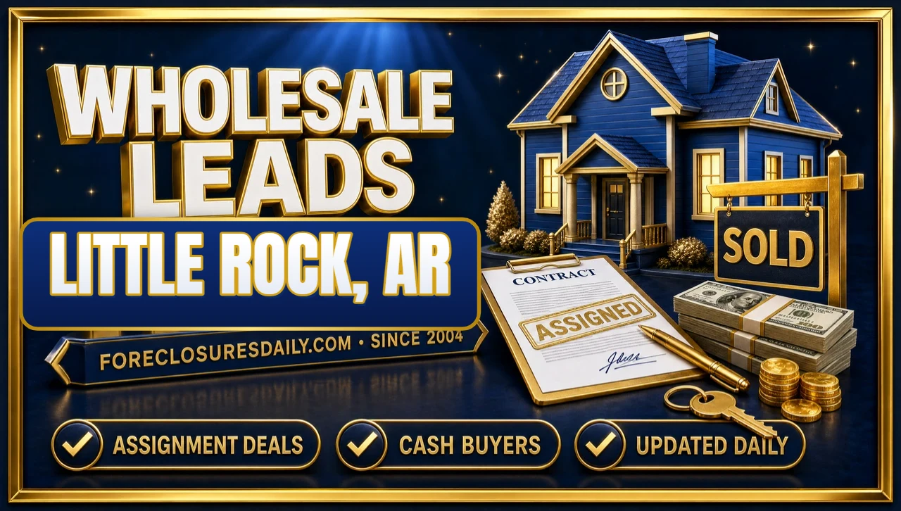 Wholesale leads Little Rock, AR 3D hero: blue house with an assigned contract, SOLD sign, cash and keys with assignment deals, cash buyers and updated daily badges