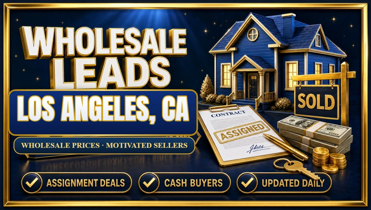 Wholesale leads Los Angeles, CA 3D hero: blue house with an assigned contract, SOLD sign, cash and keys with assignment deals, cash buyers and updated daily badges