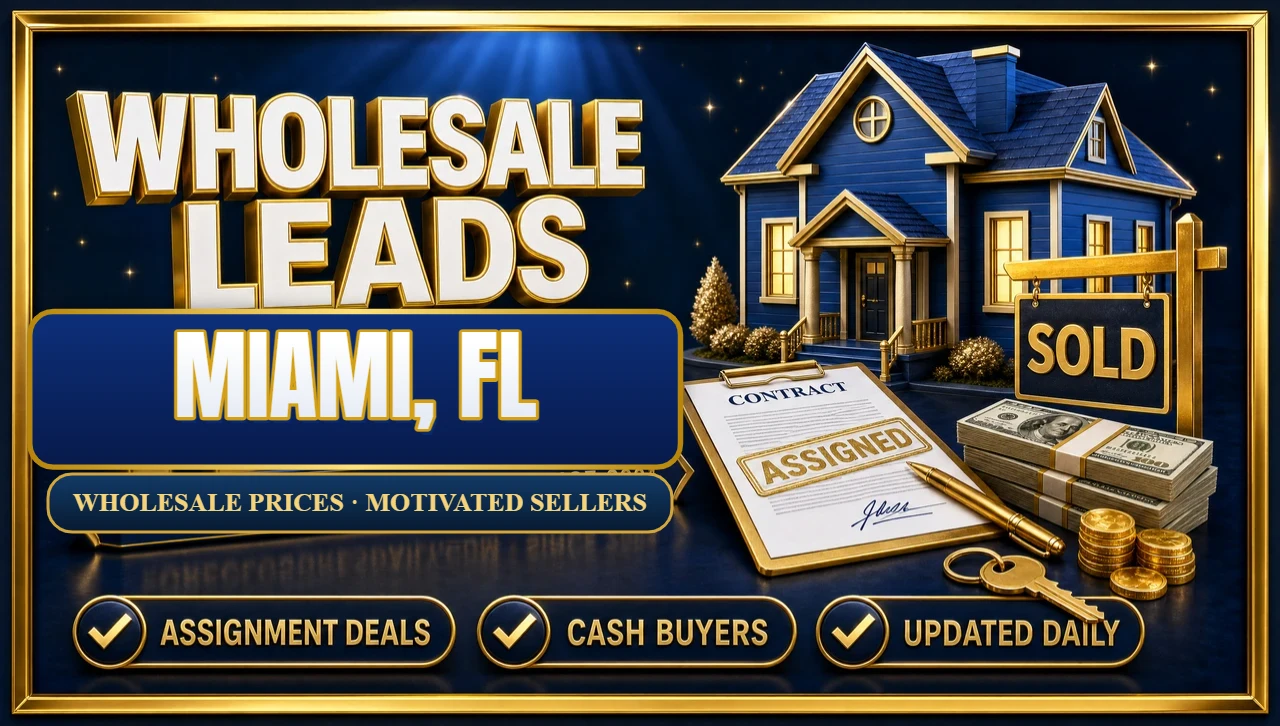 Wholesale leads Miami, FL 3D hero: blue house with an assigned contract, SOLD sign, cash and keys with assignment deals, cash buyers and updated daily badges