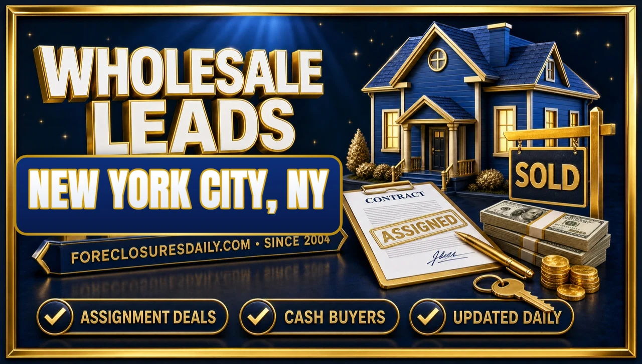 Wholesale leads New York City, NY 3D hero: blue house with an assigned contract, SOLD sign, cash and keys with assignment deals, cash buyers and updated daily badges