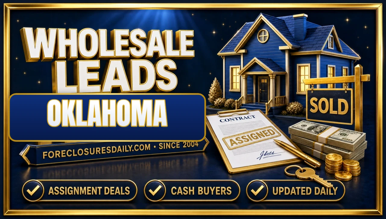 Wholesale leads Oklahoma 3D hero: blue house with an assigned contract, SOLD sign, cash and keys with assignment deals, cash buyers and updated daily badges