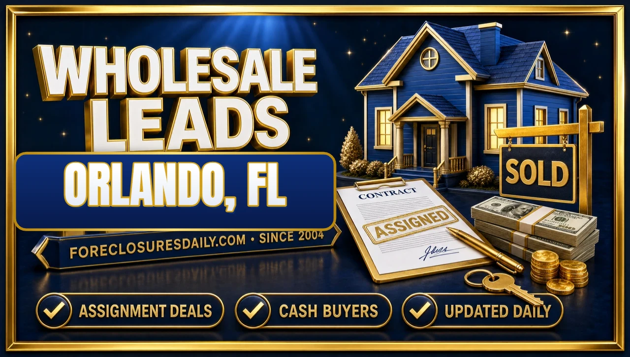 Wholesale leads Orlando, FL 3D hero: blue house with an assigned contract, SOLD sign, cash and keys with assignment deals, cash buyers and updated daily badges