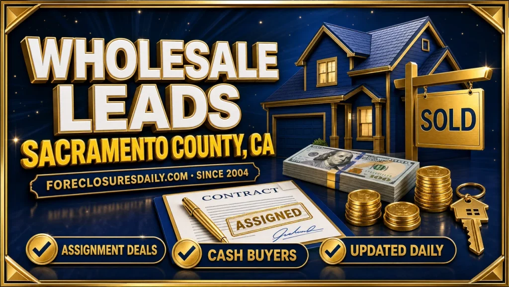 Wholesale leads Sacramento County, CA 3D hero: house with SOLD sign, assigned contract, cash and house key with assignment deals, cash buyers and updated daily checks