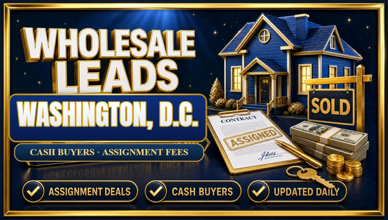 Wholesale leads Washington, D.C. 3D hero: blue house with an assigned contract, SOLD sign, cash and keys with assignment deals, cash buyers and updated daily badges