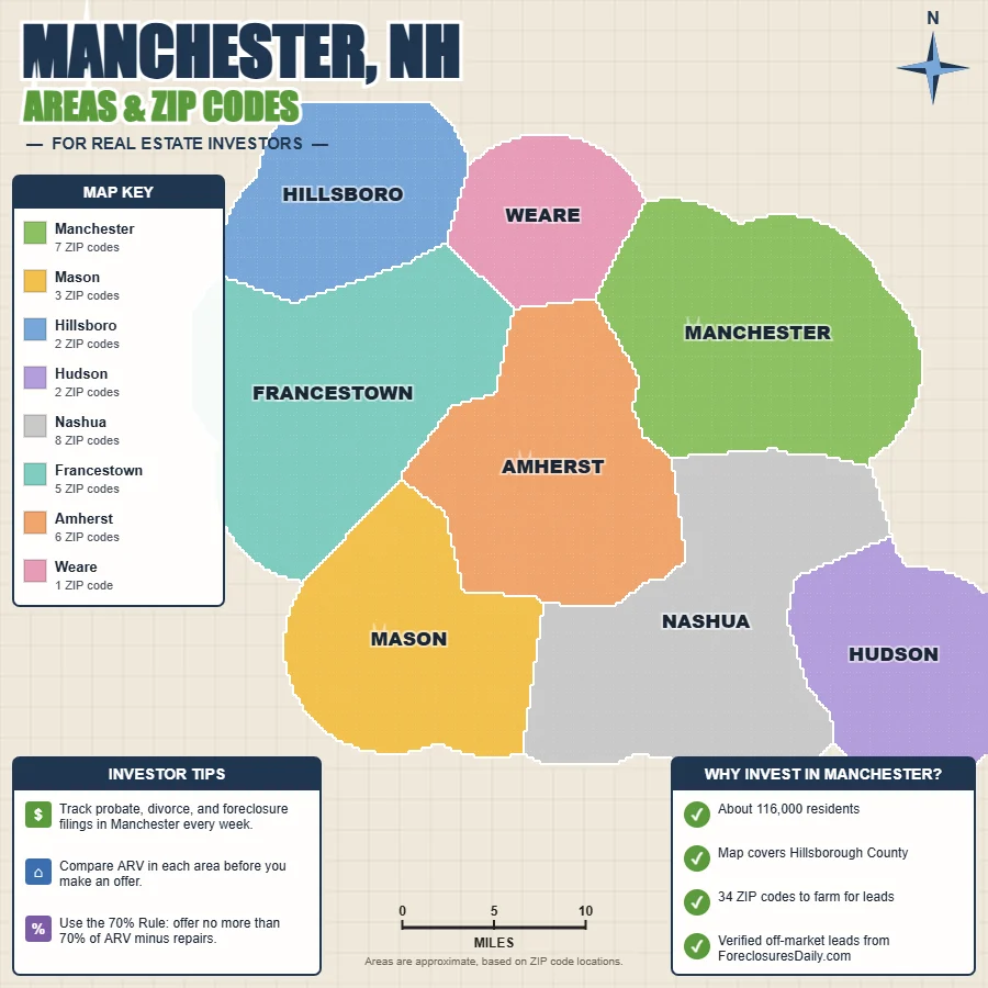 Manchester, New Hampshire wholesale real estate map by area and ZIP code