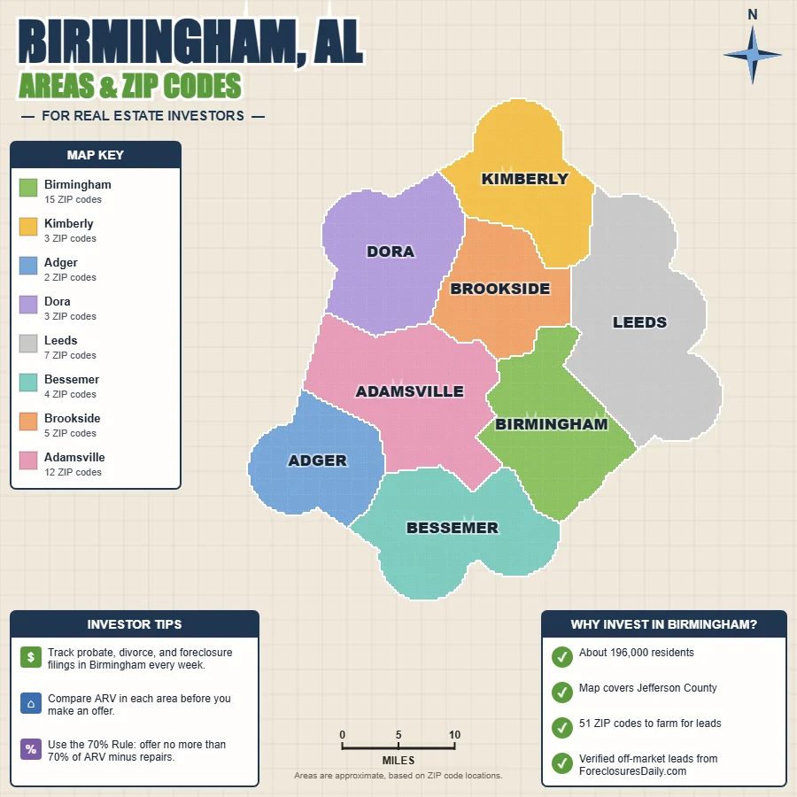 Birmingham, Alabama wholesale real estate map by area and ZIP code