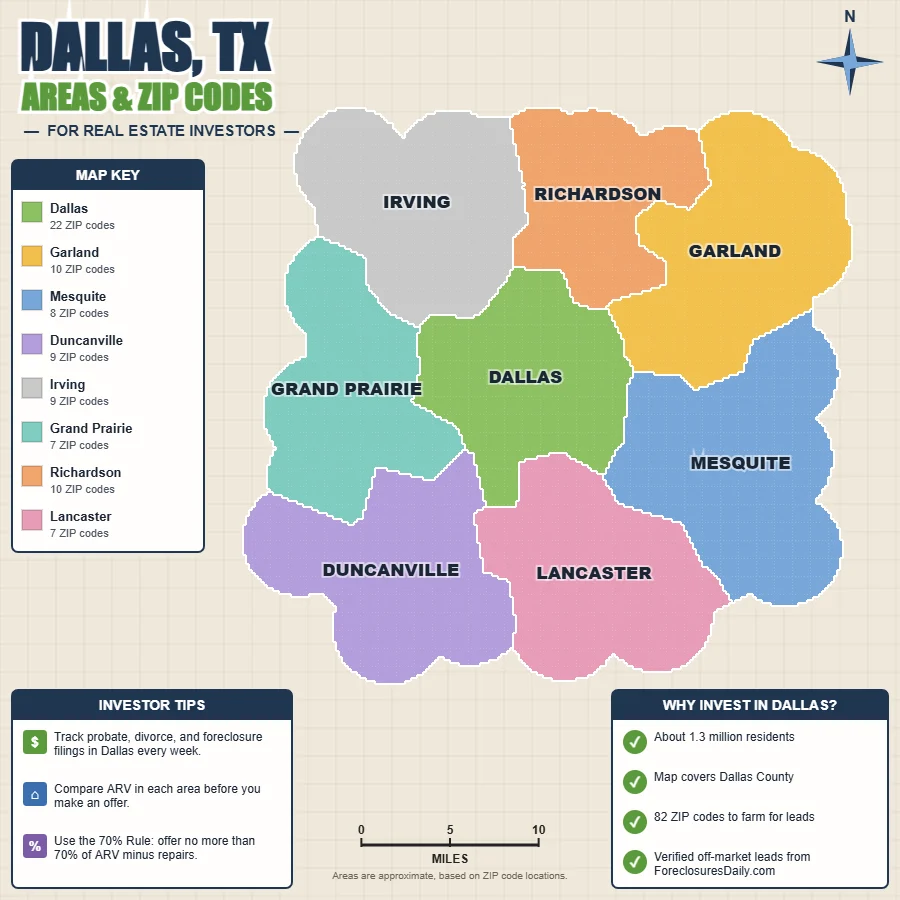 Dallas, Texas wholesale real estate map by area and ZIP code
