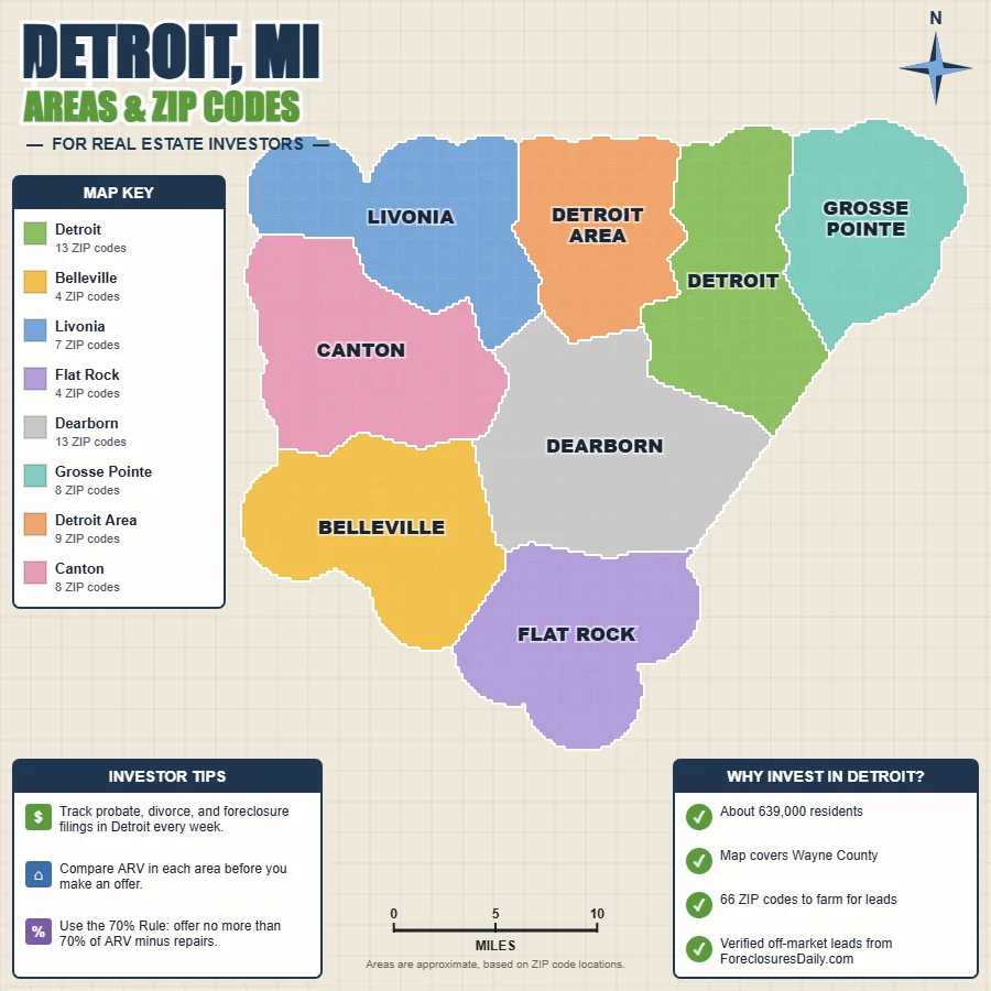 Detroit, Michigan wholesale real estate map by area and ZIP code