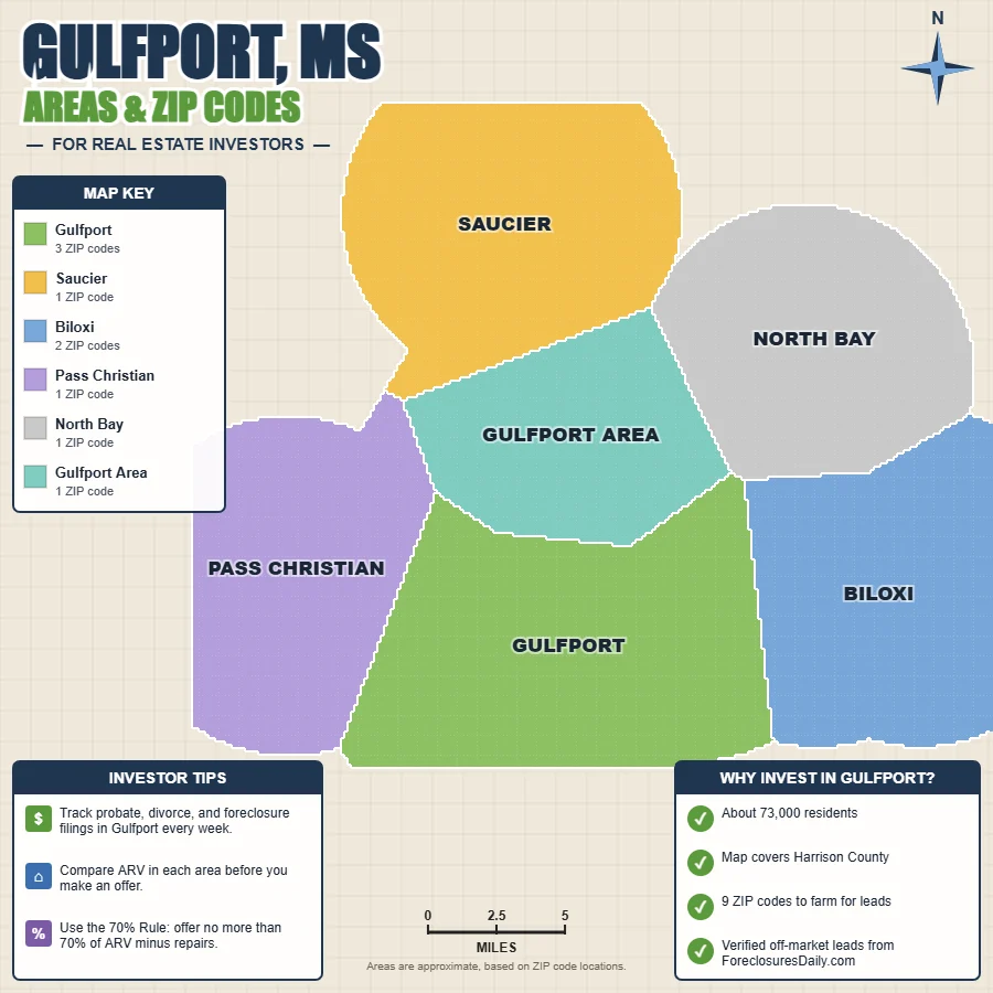Gulfport, Mississippi wholesale real estate map by area and ZIP code