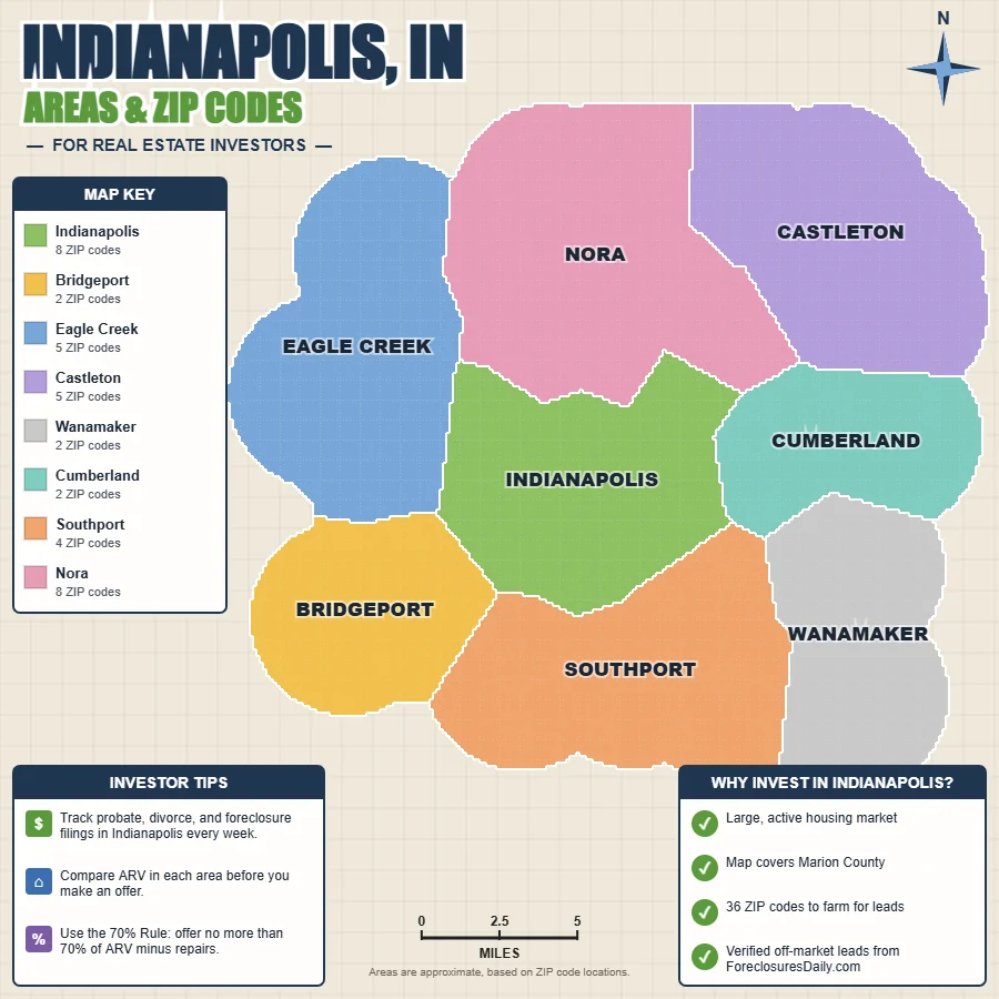 Indianapolis, Indiana wholesale real estate map by area and ZIP code