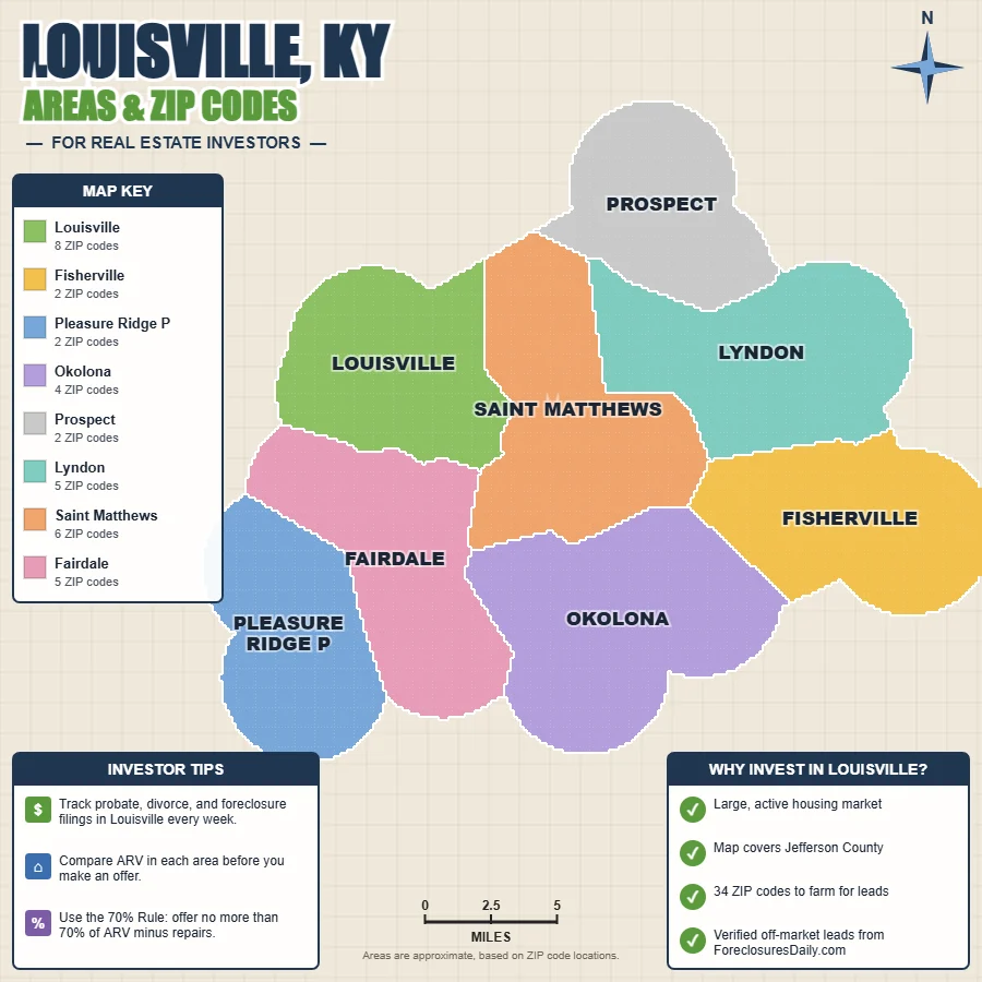 Louisville, Kentucky wholesale real estate map by area and ZIP code