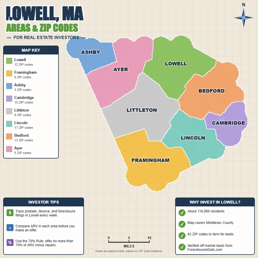 Lowell, Massachusetts wholesale real estate map by area and ZIP code
