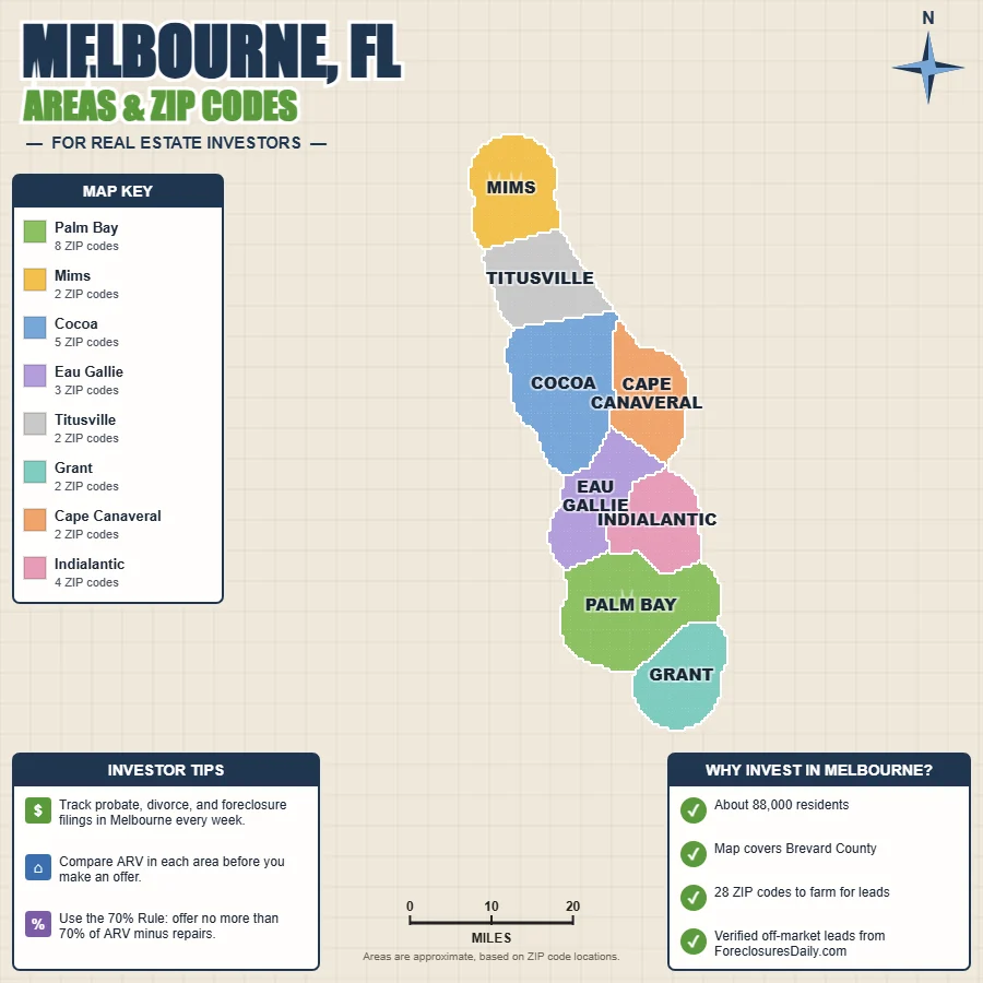 Melbourne, Florida wholesale real estate map by area and ZIP code