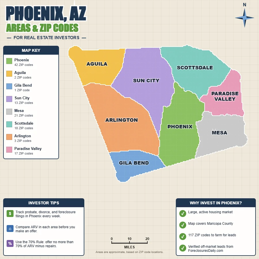 Phoenix, Arizona wholesale real estate map by area and ZIP code