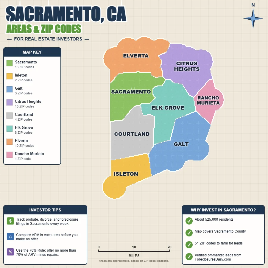 Sacramento, California wholesale real estate map by area and ZIP code